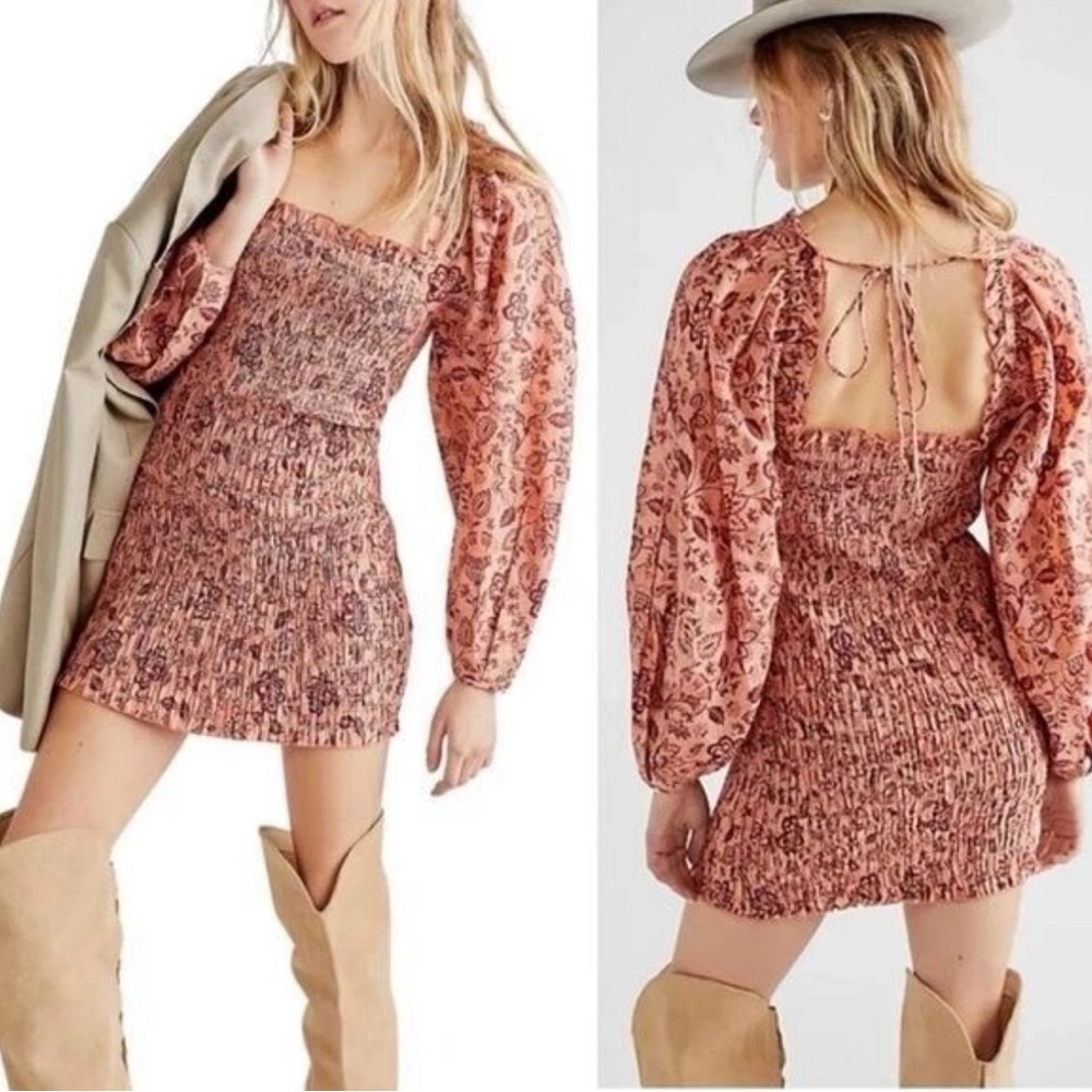 Free People Mini Dress Smock It To Me Size L Apricot 100% Cotton Boho Western